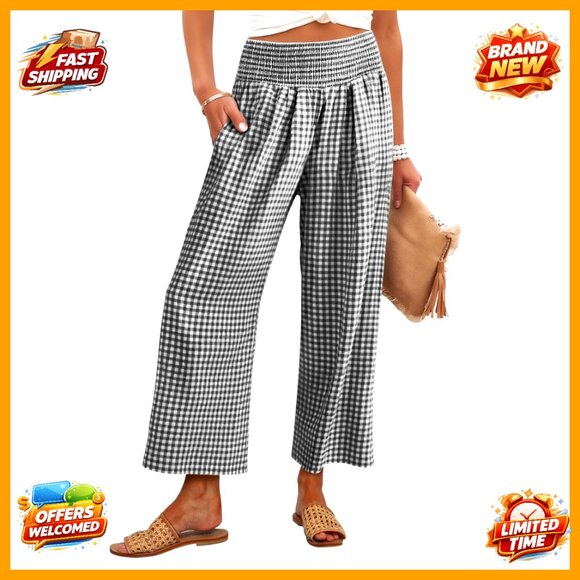 Wide Leg Palazzo Pants Smocked Waist Pockets Lounge Casual